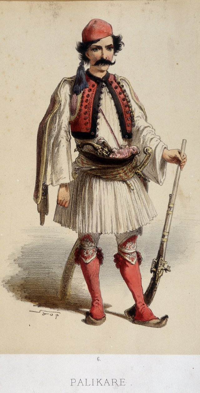 Tradiční řecký mužský kroj - rytina, konec 19. století od Unknown artist