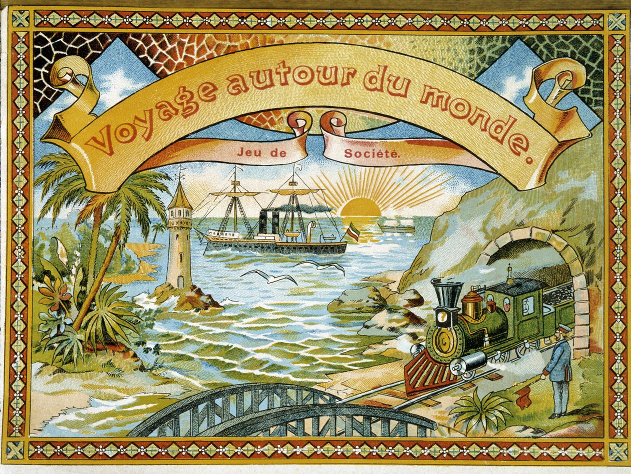 Vlak, maják a loď, krycí hra „“ Cesta kolem světa“, a.n.d. 19. od Unknown artist