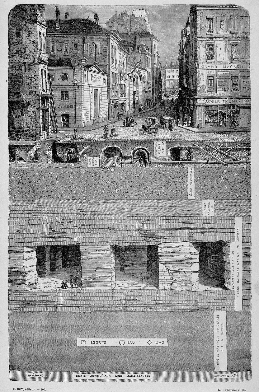 Proměny Paříže za Druhého císařství, Haussmann Paris. Les sous de Paris (voda, plyn a kanalizace) - rytina od Unknown artist