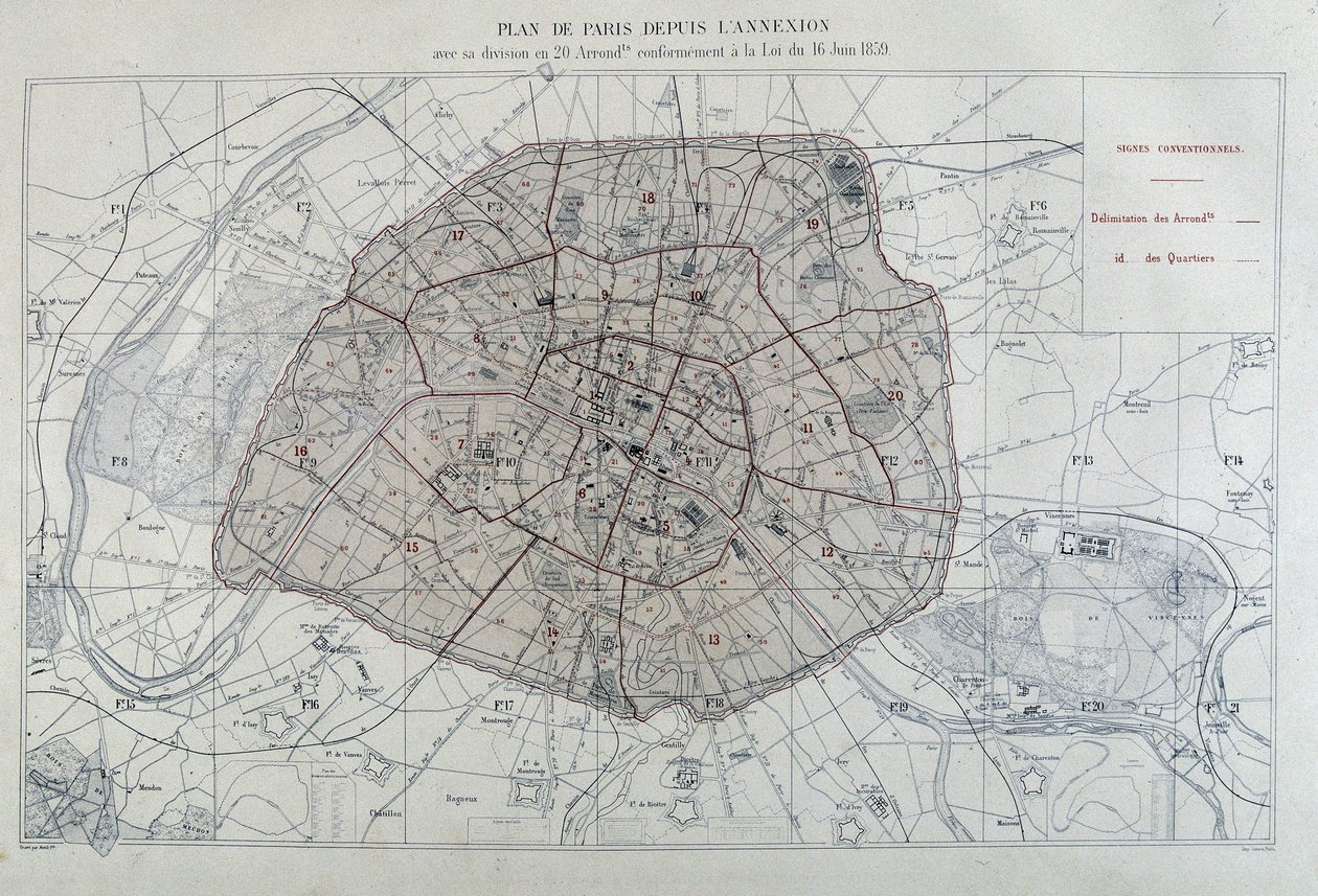 Proměny Paříže za Druhého císařství, Haussman Paris. Mapa Paříže od anexe s jejím rozdělením na 20 obvodů v souladu se zákonem ze dne 16. června 1859 - v „Administrativním atlasu obvodů města Paříže“ od Unknown artist
