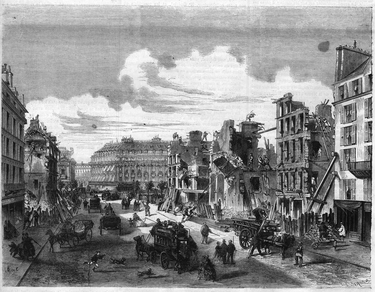 Proměny Paříže za Druhého císařství, Paris Haussmann (Boulevard, Haussmannovy práce): demolice Rue de la Paix pro otevření Rue Reaumur. Gravírování do „“The Illustrious Universe““ od Unknown artist