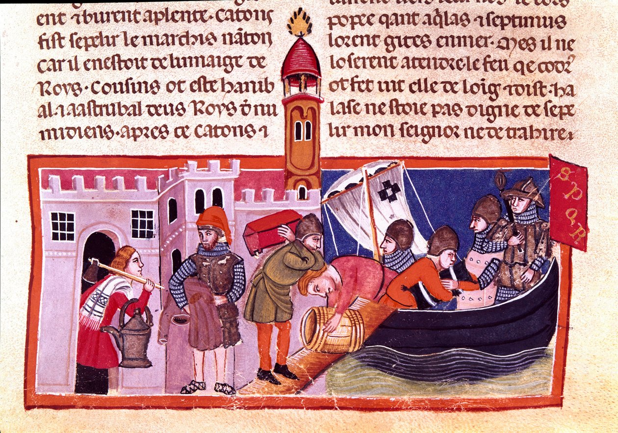 Přeprava zboží a potravin po vnitrozemských vodních cestách. Miniatura z francouzského kodexu na pergamenu „The Facts of Romans““ vyprávějící starověkou historii až po Julese Cesara (101 př. n. l. – 44 př. n. l.). Benátky 13. století, biblioteca Marciana od Unknown artist