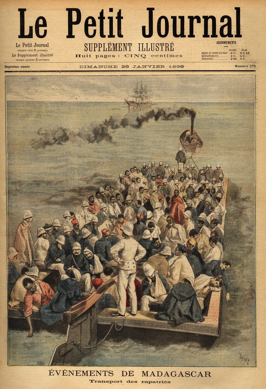 Transport zraněných rapatriů z Madagaskaru. Rytina v “” Le petit journal”” 26.1.1896. Selva sbírka. od Unknown artist
