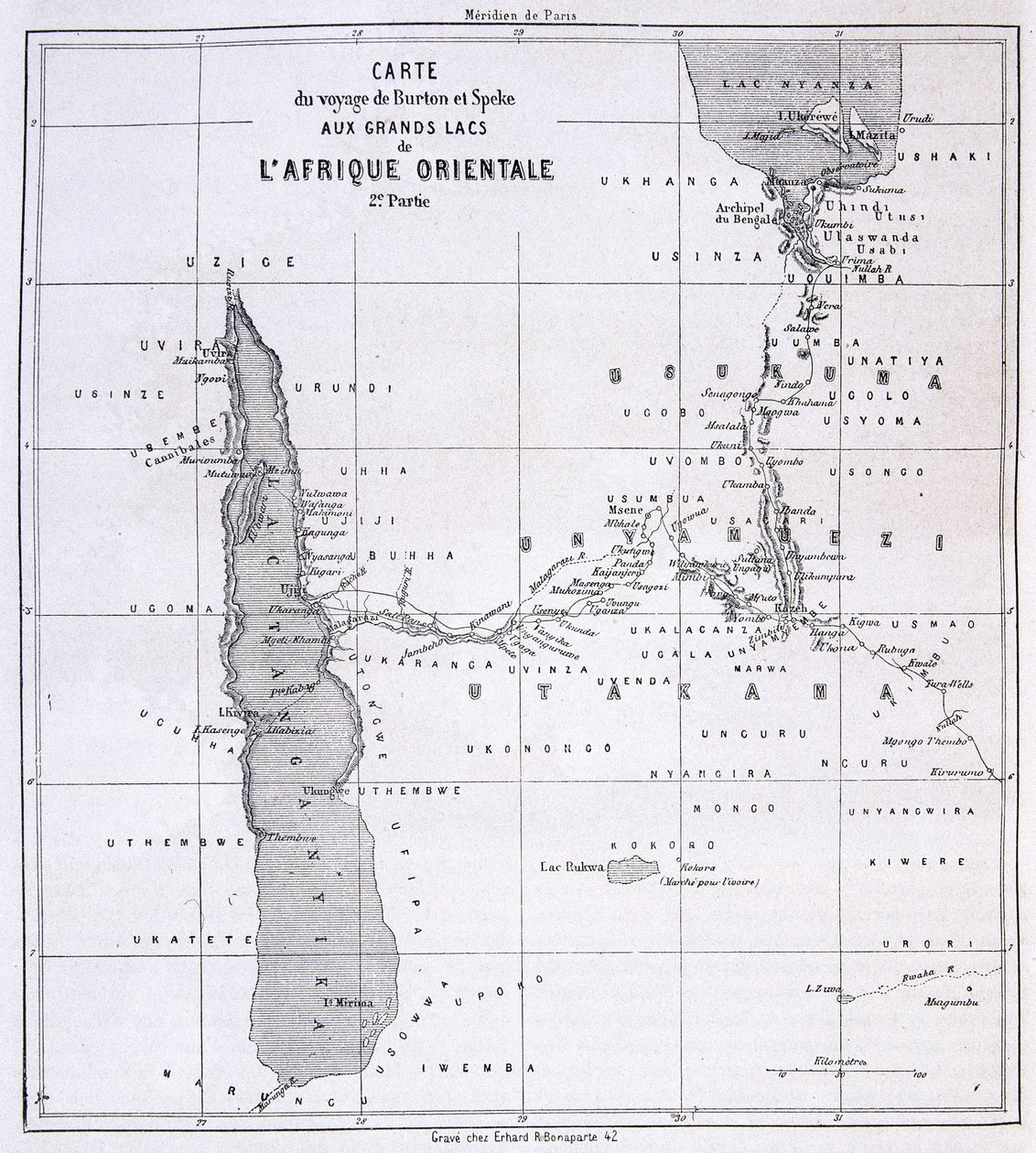 Cestovní mapa Richarda Francise Burtona, britského cestovatele (1821-1890) a Speke k Velkým jezerům východní Afriky 1857-59 - v Tour du Monde od Unknown artist