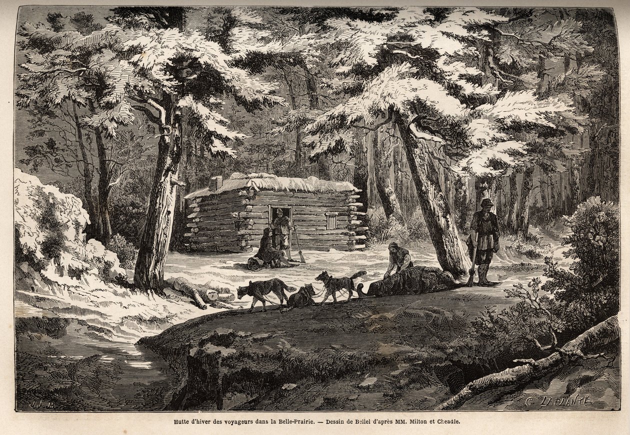 Cestovatelská zimní chata na krásné louce (Kanada), útočiště pro lovce a jejich sáňkování. Rytina k ilustraci plavby z Atlantiku do Pacifiku (route du nord ouest par les terres) v letech 1862-1864 od vikomta Miltona a doktora Cheadle, i. od Unknown artist
