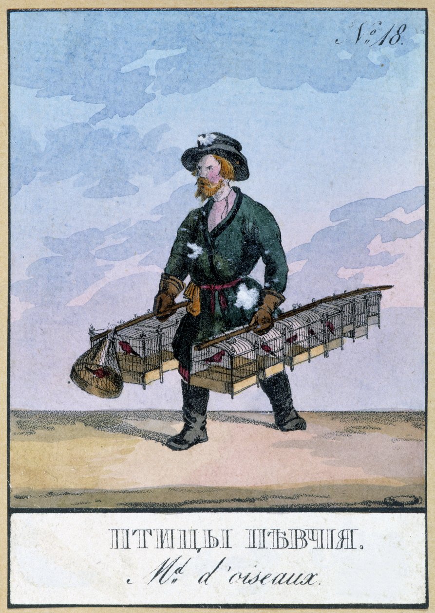 Cestující obchodník s ptáky - Rytina z 19. století od Unknown artist