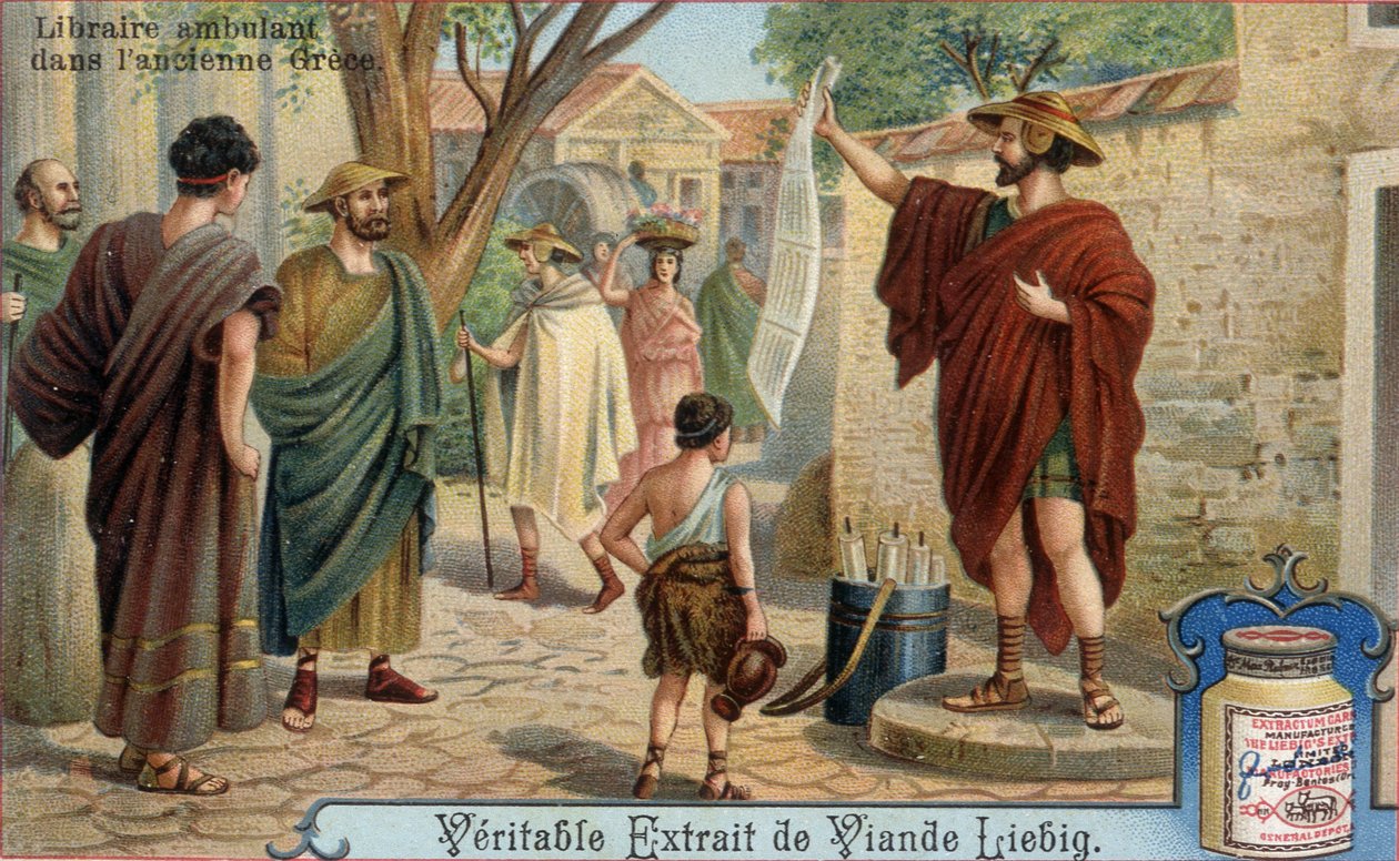 Putovní knihkupec ve starověkém Řecku. Chromolitografie, Liebigův snímek. od Unknown artist