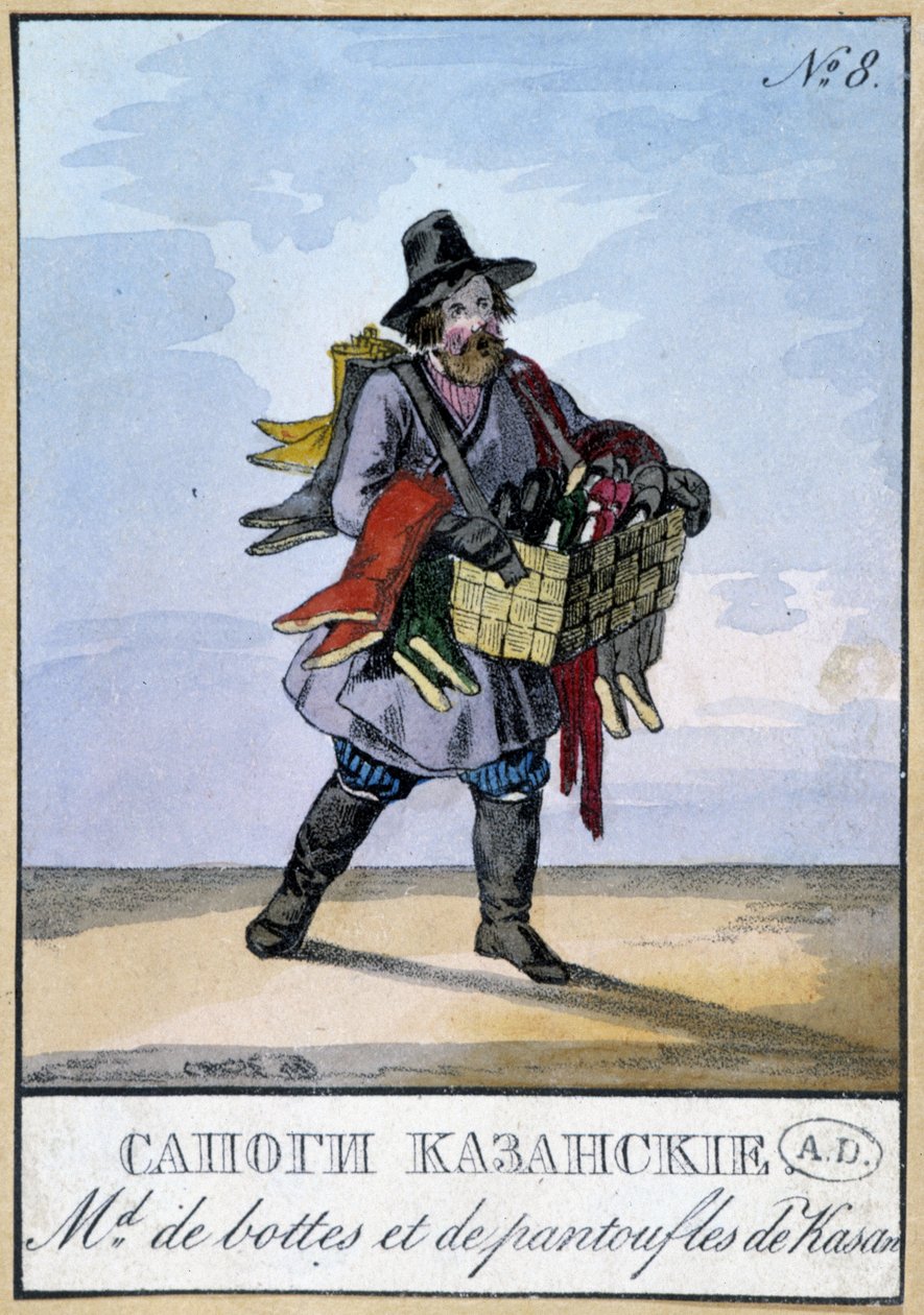 Cestující obchodník s botami a pantoflemi od Kasana - Rytina 19. století od Unknown artist