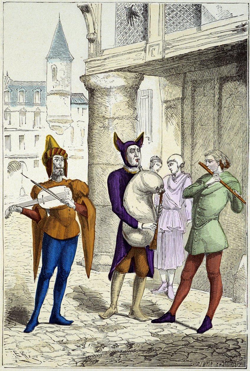 Cestující hudebníci v 15. století – v „“Costumes de Paris v průběhu staletí““ od Unknown artist