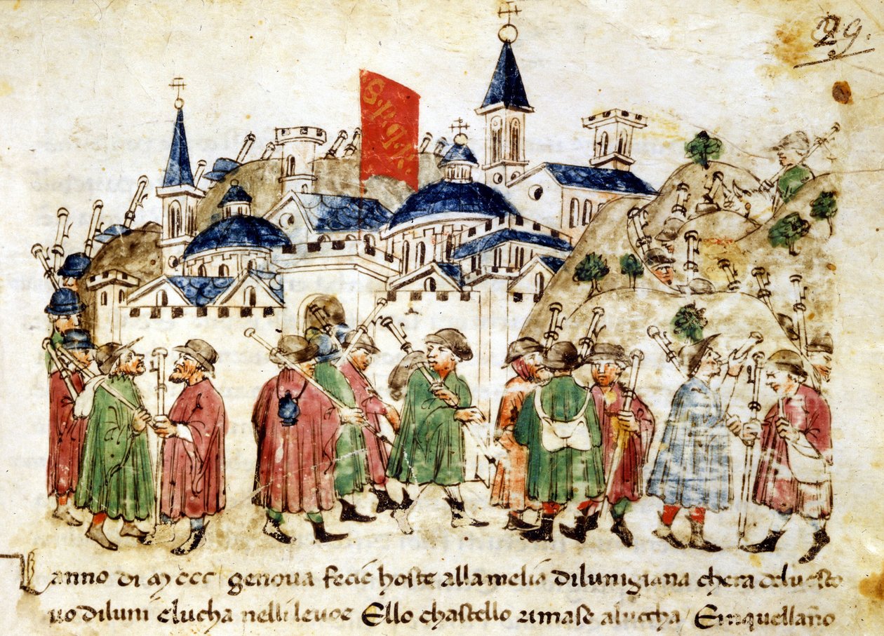 Putovní poutníci přijíždějí do Říma. 14. století. Letopisy Sercambi. Lucca, Národní archiv. od Unknown artist