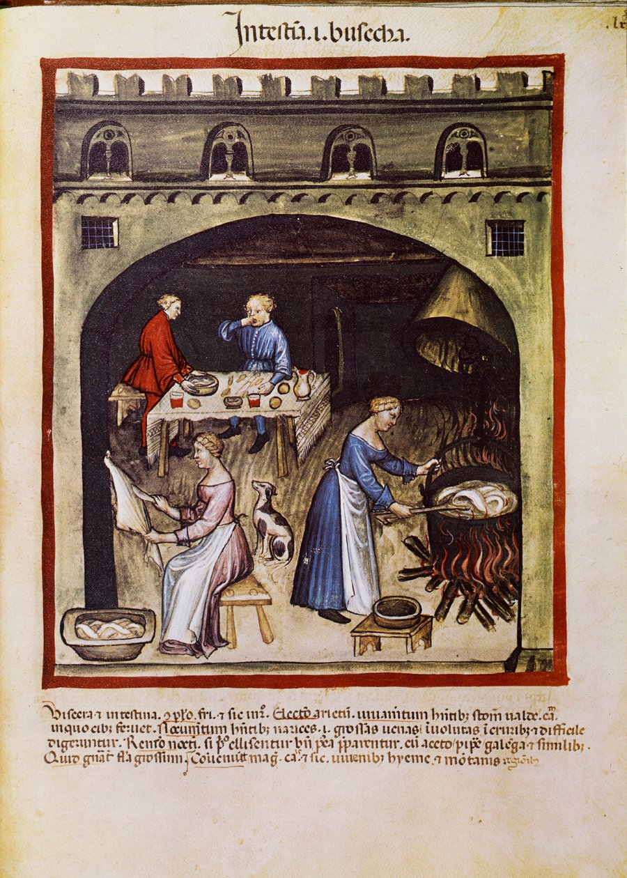 Léčte lék: „“ vaření střev a vnitřností zvířat“““. Stránka převzata z „“Tacuinum sanitatis““ (Cod. ser. nov. 2644) Kolem roku 1400 Vídeň, Osterreichische Nationalbibliothek od Unknown artist