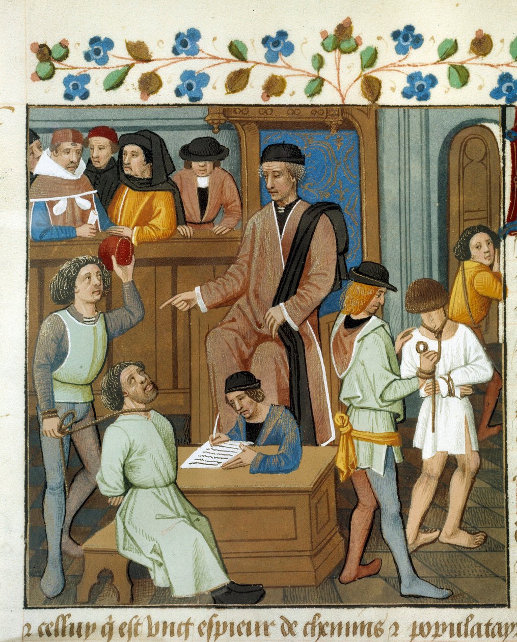 Soudní scéna: soudce vyslýchá odsouzeného s provazem na krku. Miniatura z rukopisu. Paříž 15. století, B.N. od Unknown artist