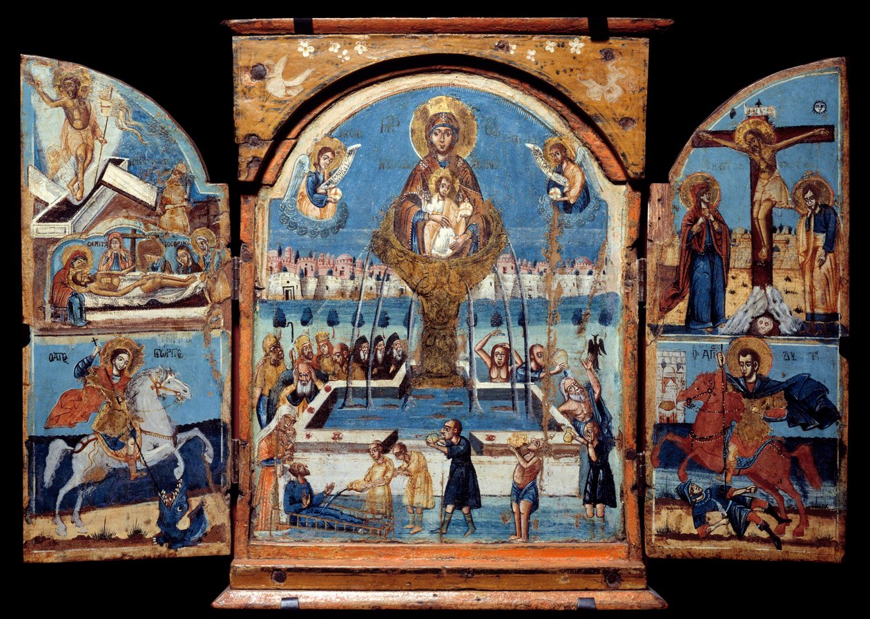 Triptych Panny Marie, zdroj života Centrální panel: Panna přechází přes zázračnou fontánu vody. Vlevo vzkříšení a uložení. Dole rytíř (Saint George) srážející draka. Vpravo ukřižování a rytířská hříčka od Unknown artist