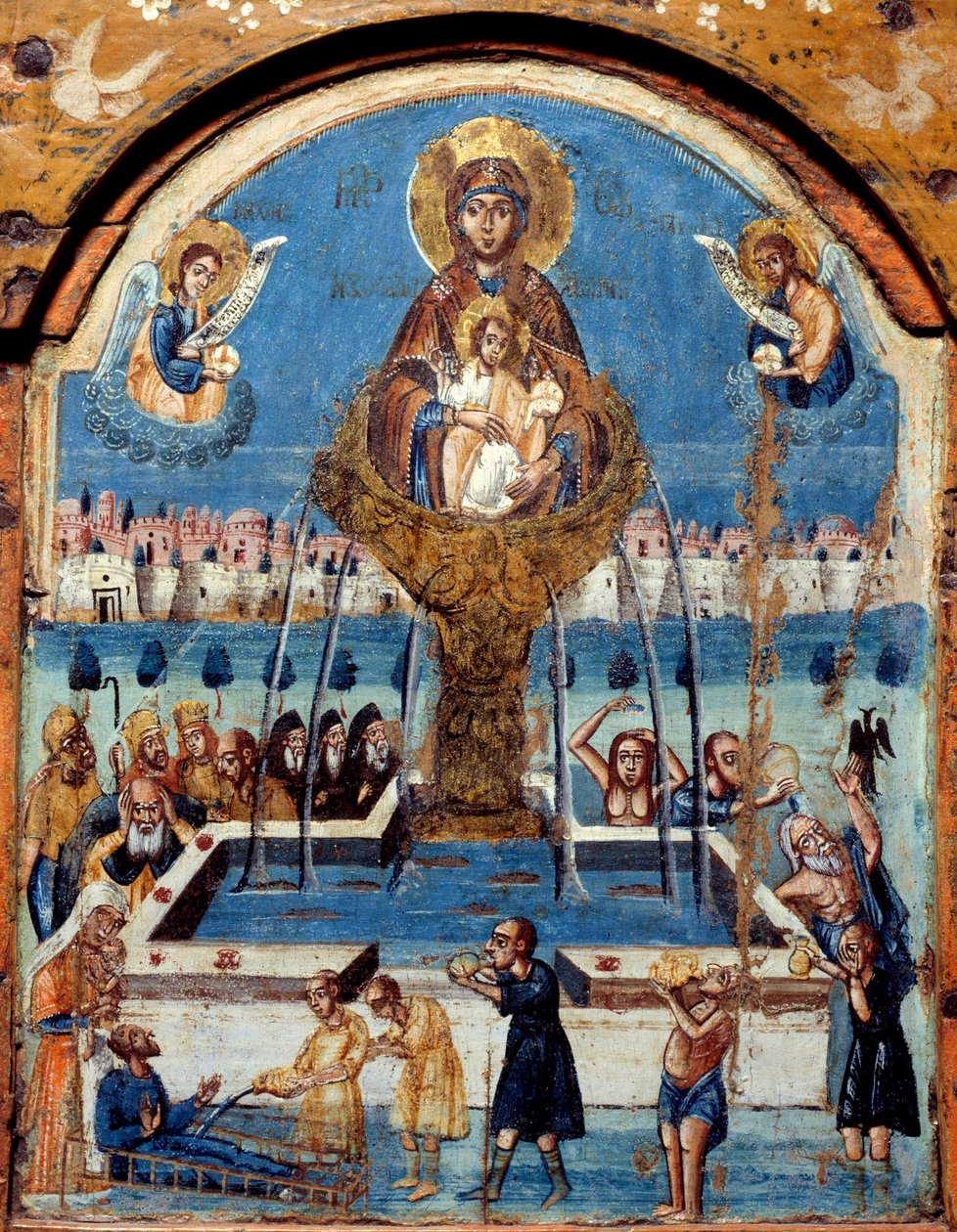 Triptych Panny, zdroj života Panna zakokrhá nad zázračným pramenem vody. Centrální panneu, malba na dřevě z Blízkého východu. Rouen musee des Beaux Arts z 19. století od Unknown artist