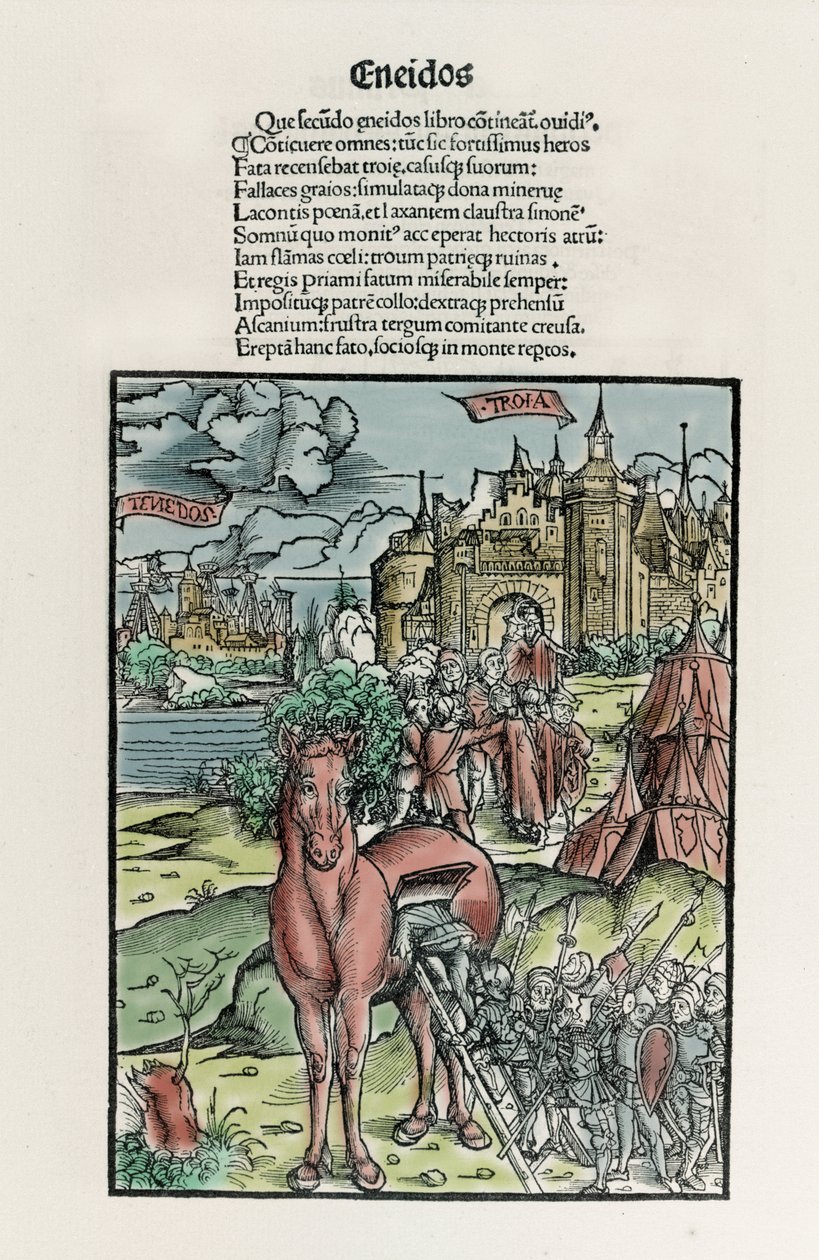Trojan: Řečtí válečníci opouštějí koně, jakmile překročí městské hradby. Eneide. Xylografie od Sebastiana Branta. Štrasburk od Unknown artist
