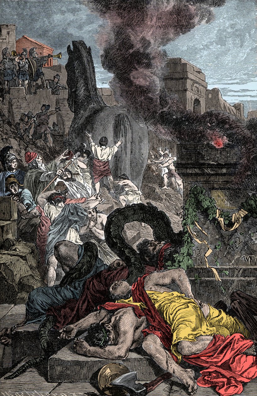 Trojský kůň - Trojská válka: Dřevěný kůň vstoupí do opevněného města od Unknown artist