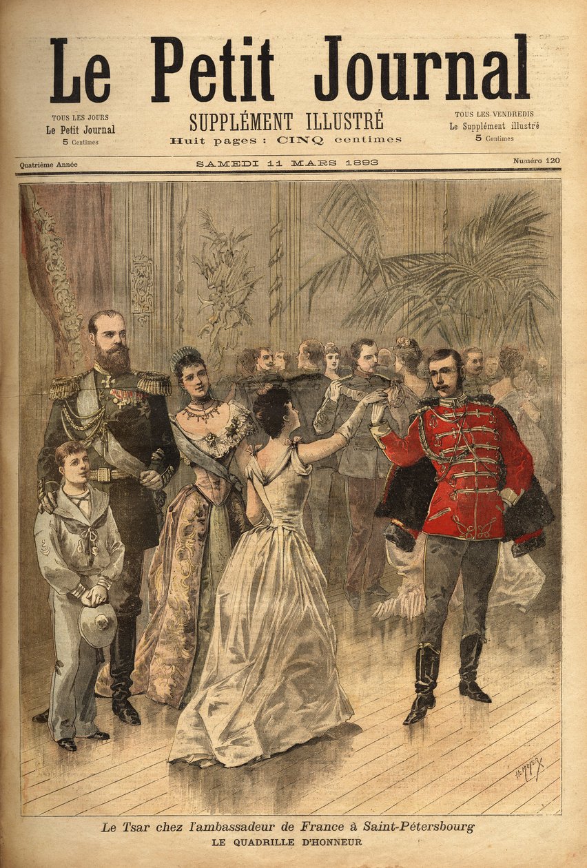 Car Alexander III (1815-1894) tančí čtvrť cti na hostině pořádané hrabětem z Montebella, francouzským velvyslancem v Rusku. Rytina v „“ Le petit journal“ 11/03/1893. Selva sbírka. od Unknown artist