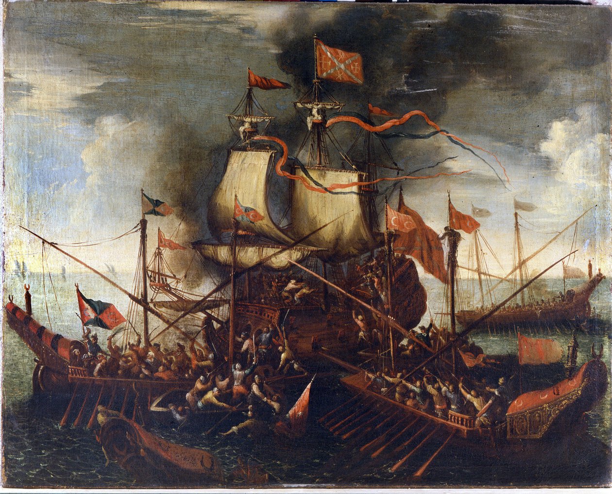 Turecké galéry se blíží k benátské lodi. malířství 17. století. od Unknown artist