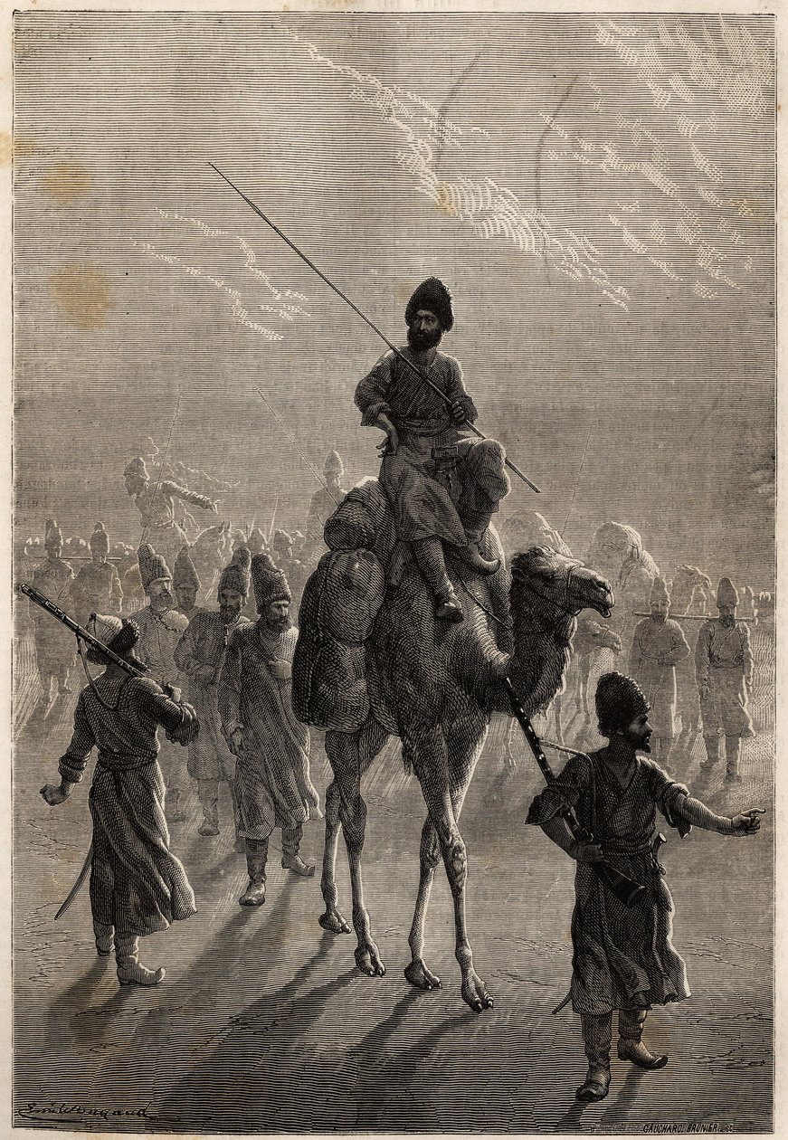Turečtí vězni odvlečeni do Teheránu za účelem výměny zášti nebo výměny proti jiným vězňům. Rytina k ilustraci příběhu Henriho de Blocqueville „14 mois de captivite chez les turcomans““ mezi lety 1860 a 1861 v „Le tour du mo od Unknown artist