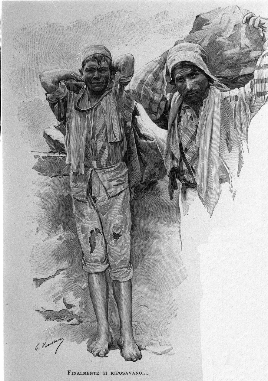 Dva „carusi“, nezletilí učni. Sicílie. 19. století rytina od Unknown artist