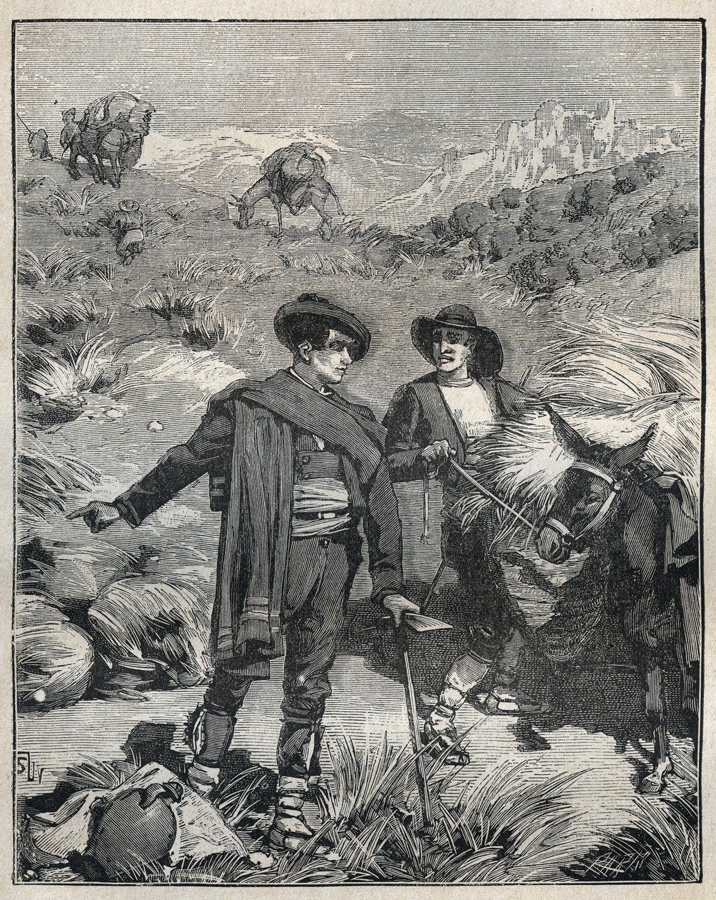 Dva rolníci ze Sierra Almagrera ve Španělsku objevili v roce 1838 naleziště stříbra Jaroso. Rytina z roku 1885 v „“Les arts et metiers illustres““ od Adolpha BITARDA. od Unknown artist