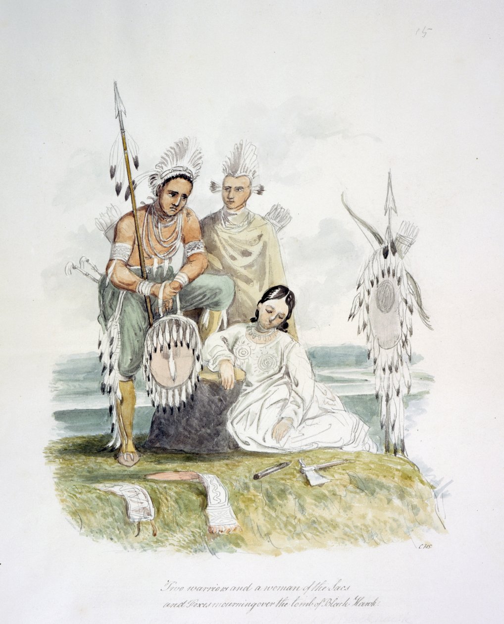 Dva válečníci a žena z Sacs a Foxes truchlí nad hrobem Black Hawk, kolem 1843-50 (akvarel) od Unknown artist