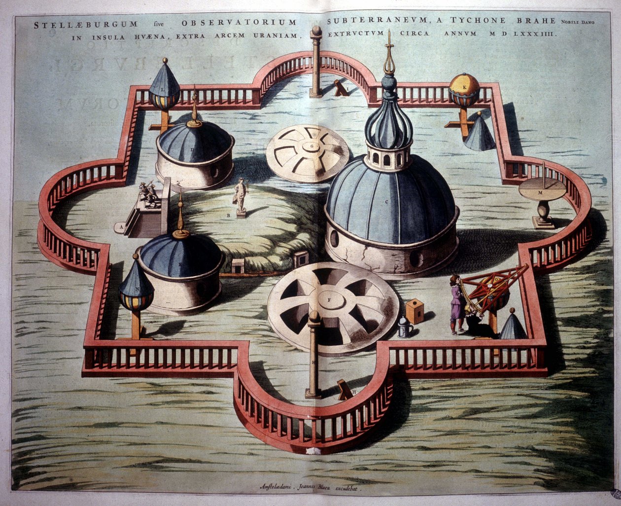 Observatoř Tycho Brahe „Sternburg“ na dánském ostrově Hven in the Sund (1584) – podle tehdejší mědirytiny. "Novus Atlas" od Unknown artist