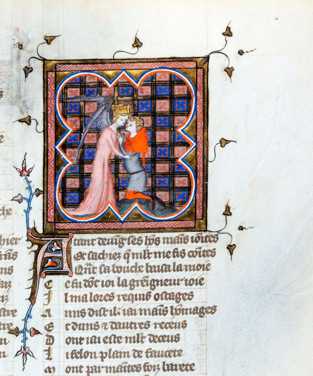 ""Korunovaný anděl objímající muže"" Iluminovaná stránka z rukopisu ""Le Roman de la Rose"" od Guillaume de Lorris (kolem 1200-1238) a Jean de Meun (Meung) (1240-1305) kolem roku 1353 Švýcarská knihovna ze Ženevy od Unknown artist
