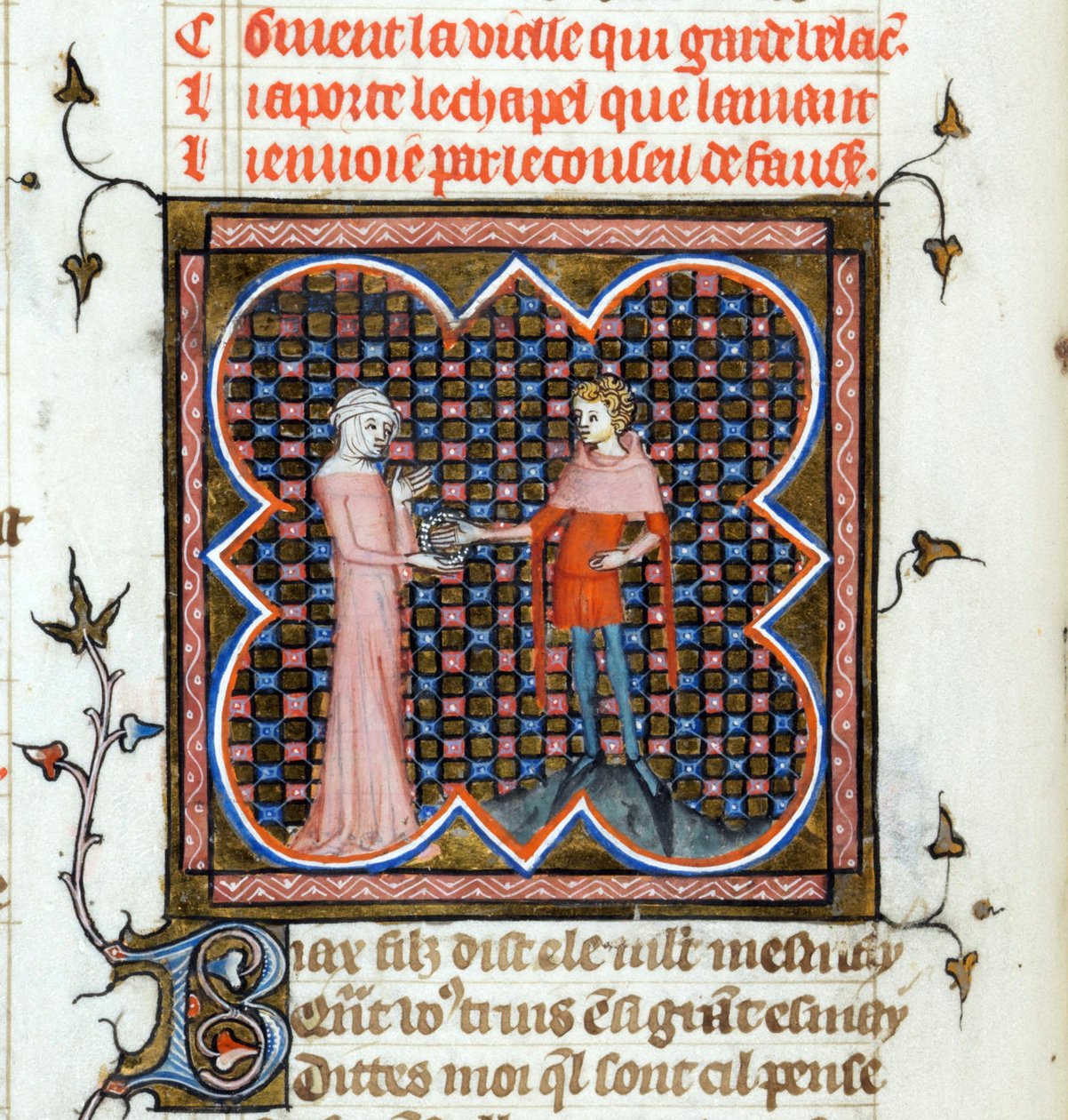 ""Mladý muž a stará žena"" Iluminovaná stránka z rukopisu ""Le Roman de la Rose"" Guillaume de Lorris (kolem 1200-1238) a Jean de Meun (Meung) (1240-1305) kolem 1353 Švýcarsko Ženevská knihovna od Unknown artist