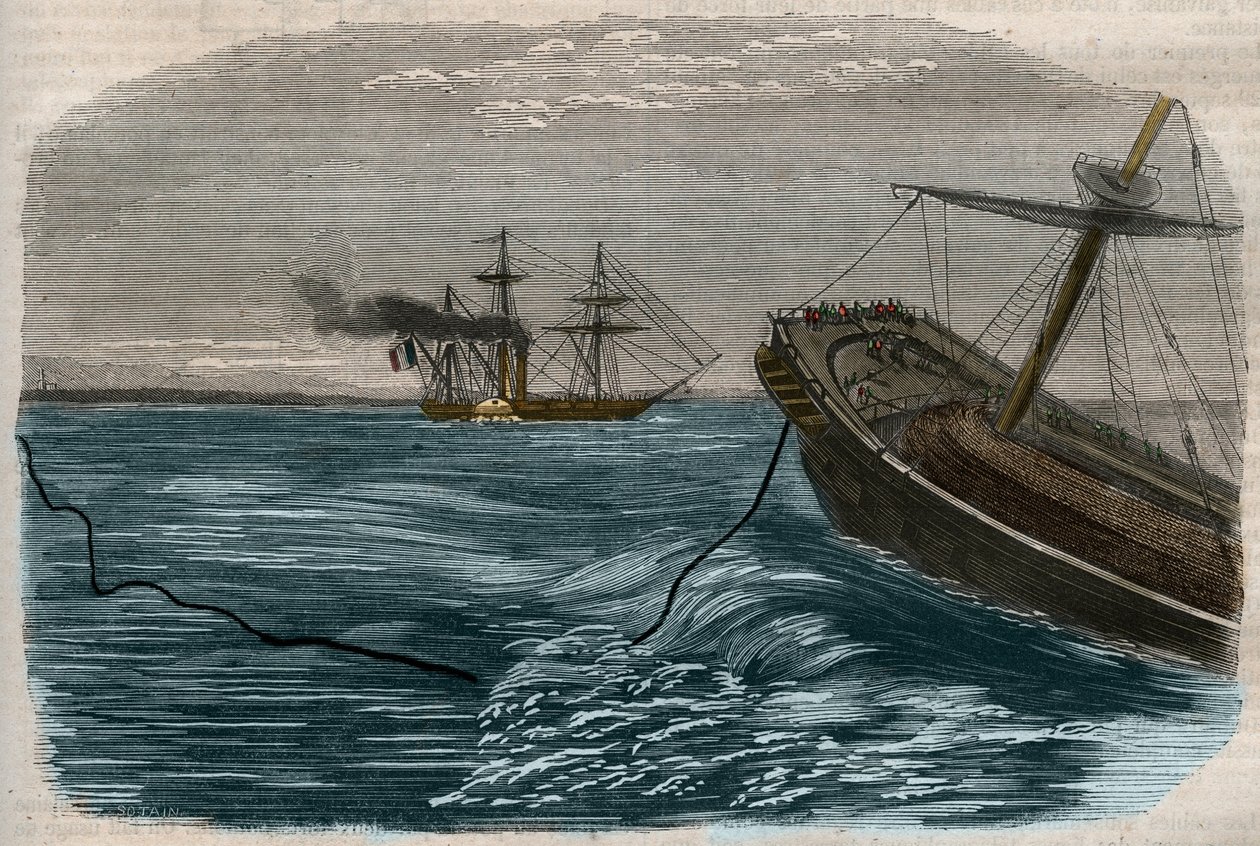 Podvodní telegrafické linky: Položení podmořského kabelu (ponorka) Rytina z roku 1857. od Unknown artist