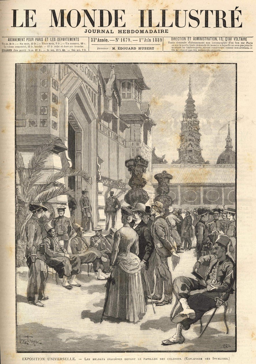 Univerzální výstava 1889 - Domorodí vojáci před Koloniálním pavilonem (Esplanade des Invalides). Obálka “” Le Monde Illustré”” z 01.06.1889. od Unknown artist