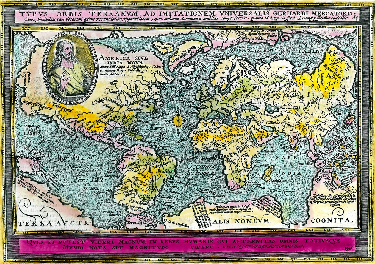 Univerzální geografická mapa (mapa světa) z roku 1596. Rytina. Soukromá sbírka. od Unknown artist