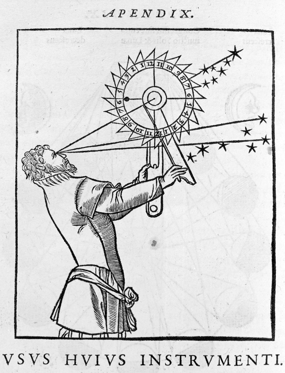 Použití zařízení pro výpočet času ve vztahu ke hvězdám v noci (astroláb) - Cosmographia de Pietro Apiano, Paříž 1551. od Unknown artist