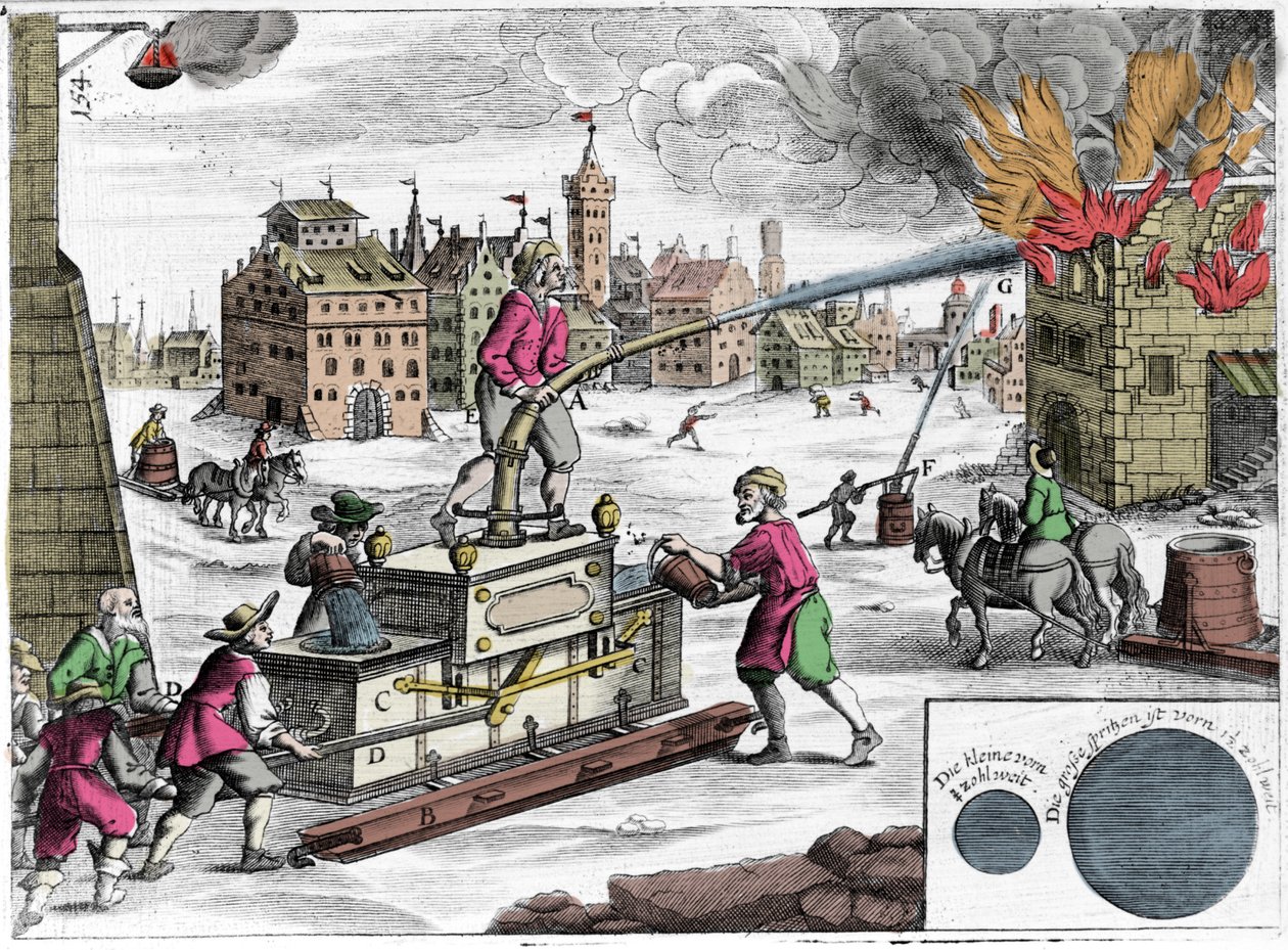 Použití požárního čerpadla hasičským záchranným sborem. Rytina z „“Theatrum Machinarum novum”” od Georga Andrease Bocklera (1644-1698) od Unknown artist