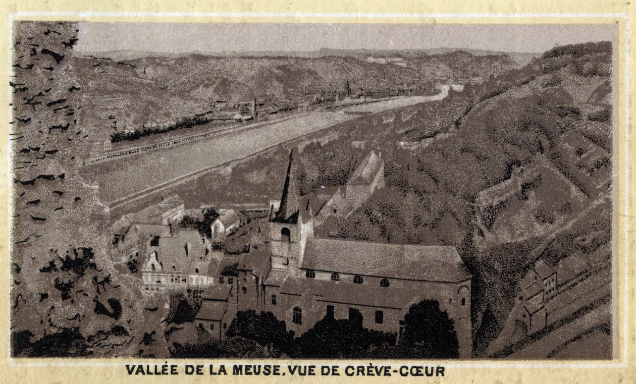 Vallee de la Meuse: pohled na Creve Coeur (Creve-Coeur nebo Crevecoeur), Valonsko, Belgie. Chromolitografie konce 19. století. od Unknown artist