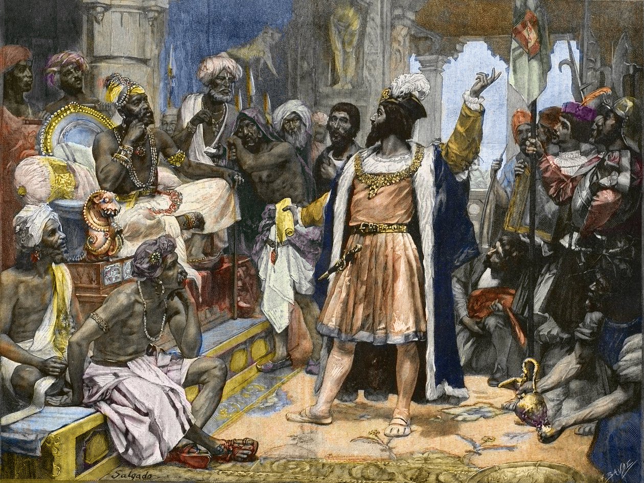 Vasco da Gama doručuje dopis portugalského krále Manuela Samorimu z Calicutu - po namalování, cca. od Unknown artist