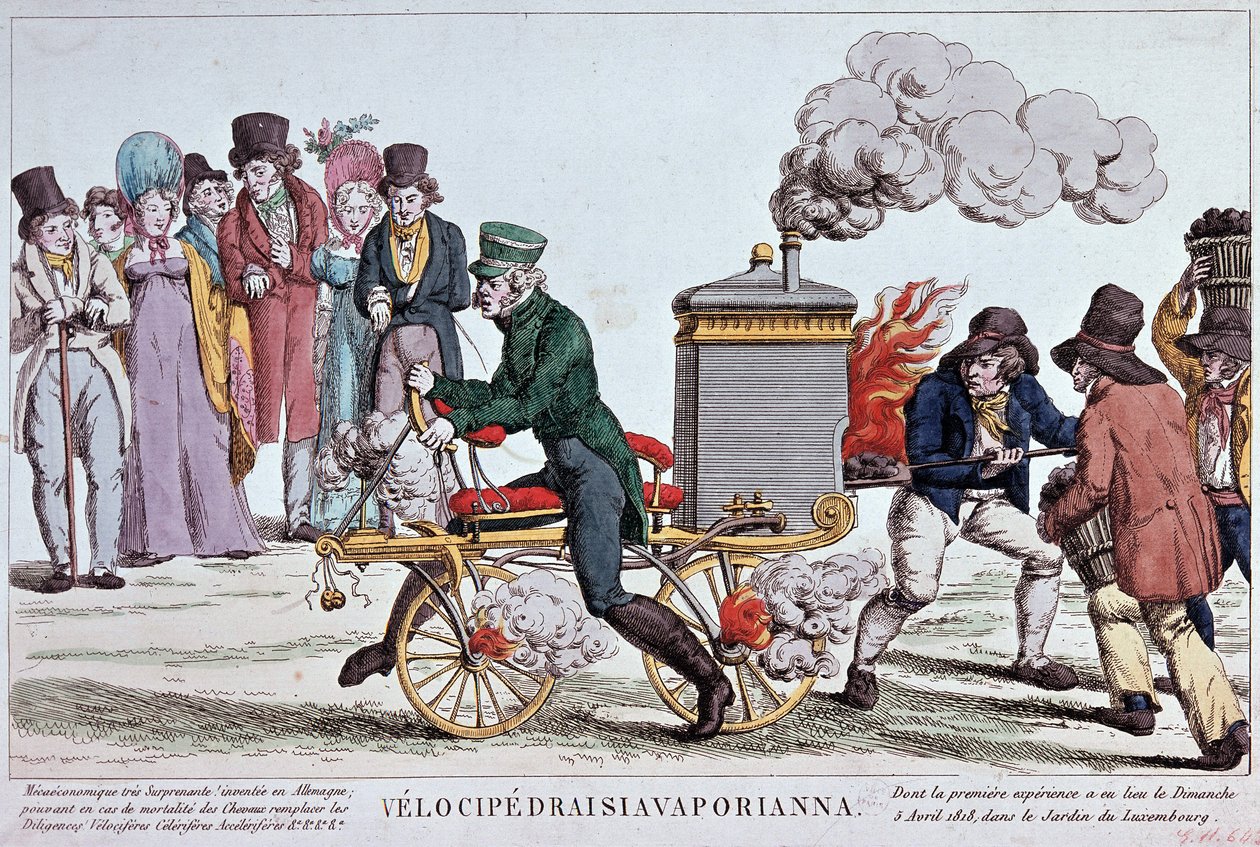 Velocipedraisiavaporianna: parní velociped - rytina kolem 1818, Bibl. města Paříže. od Unknown artist