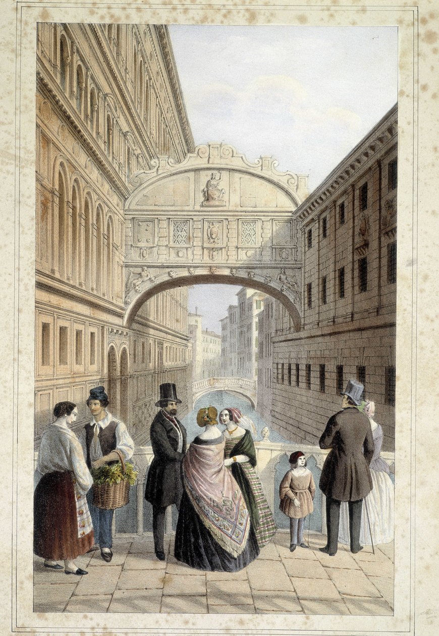 Benátčané na mostě vzdechů (Ponte dei sospiri) - v „“Albumu hlavních pohledů na Benátky“, nemoc. od Marco Moro, ed. Gio Brizeghel, kolem roku 1840 od Unknown artist