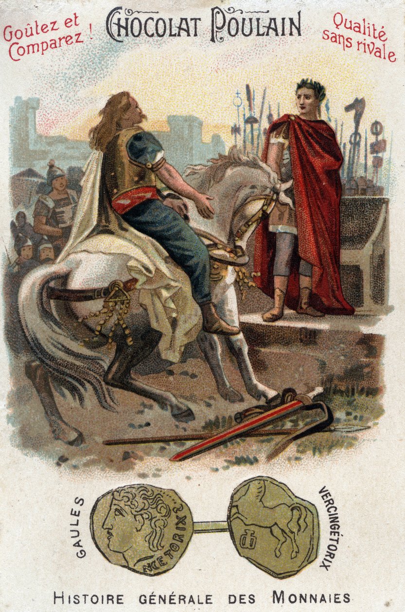 Vercingetorix (72-46 př. n. l.), vůdce galského povstání, skládá zbraně k nohám Césara (100-44 př. n. l.), poté co definitivně ztratil město Alesia - V obecné historii mincí - Chocolate-Foal Chromolitography z pozd. 19. století - vojín Coll od Unknown artist