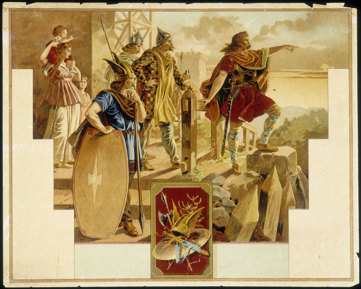 Vercingétorix obklopený Galy, válečníky, ženami a dětmi - Chromolitografie od Unknown artist