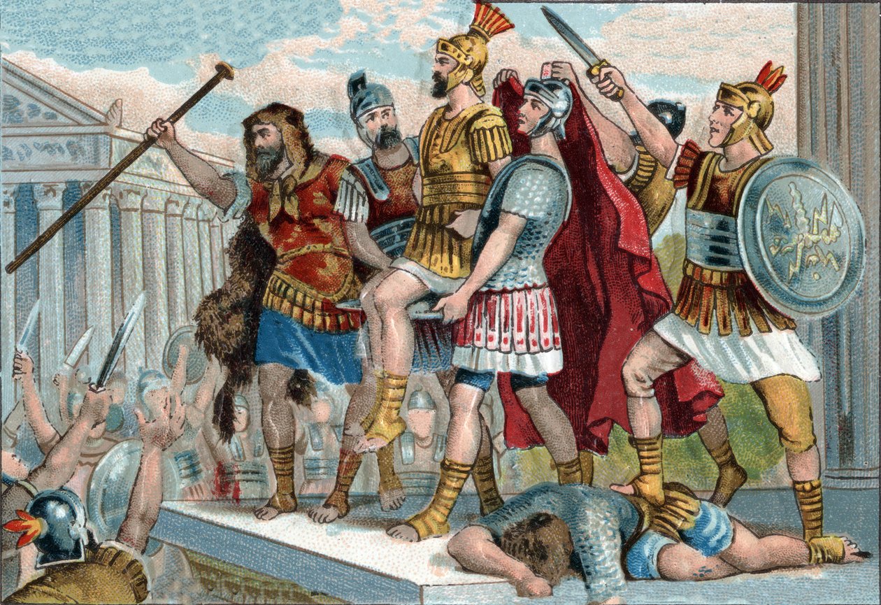 Vespasianus (latinsky Titus Flavius Vespasianus) (9-79) byl svými vojáky prohlášen císařem. Chromolitografie kolem roku 1890. od Unknown artist