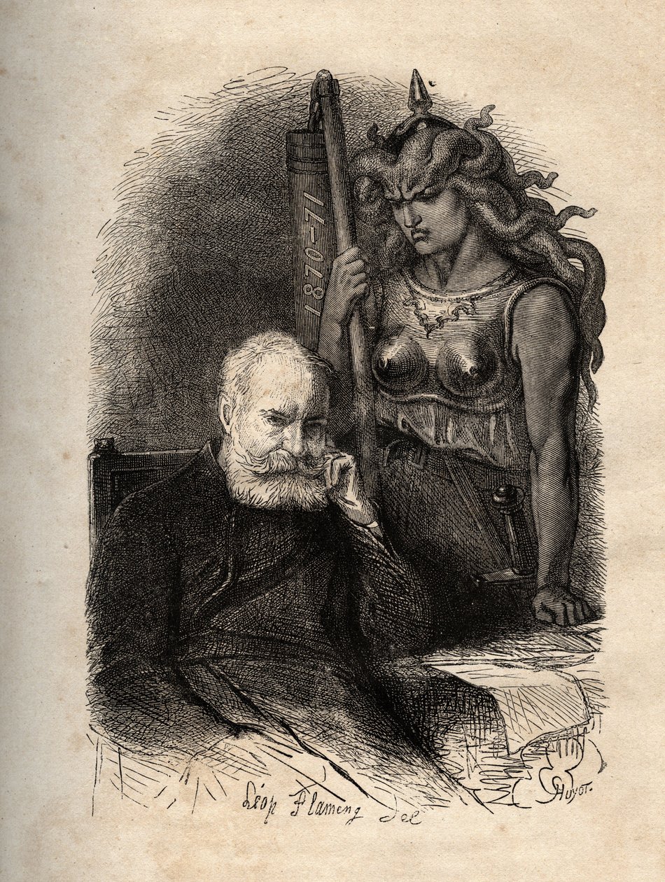 Victor Hugo sedící s bohyní války – rytina z „Hrozného roku“ („Hrozný rok“), série básní, které pojednávají o obležení a traumatu ze ztráty jeho tak – Victor Hugo, bohyně haante par la de la guerre rytina v „“ L