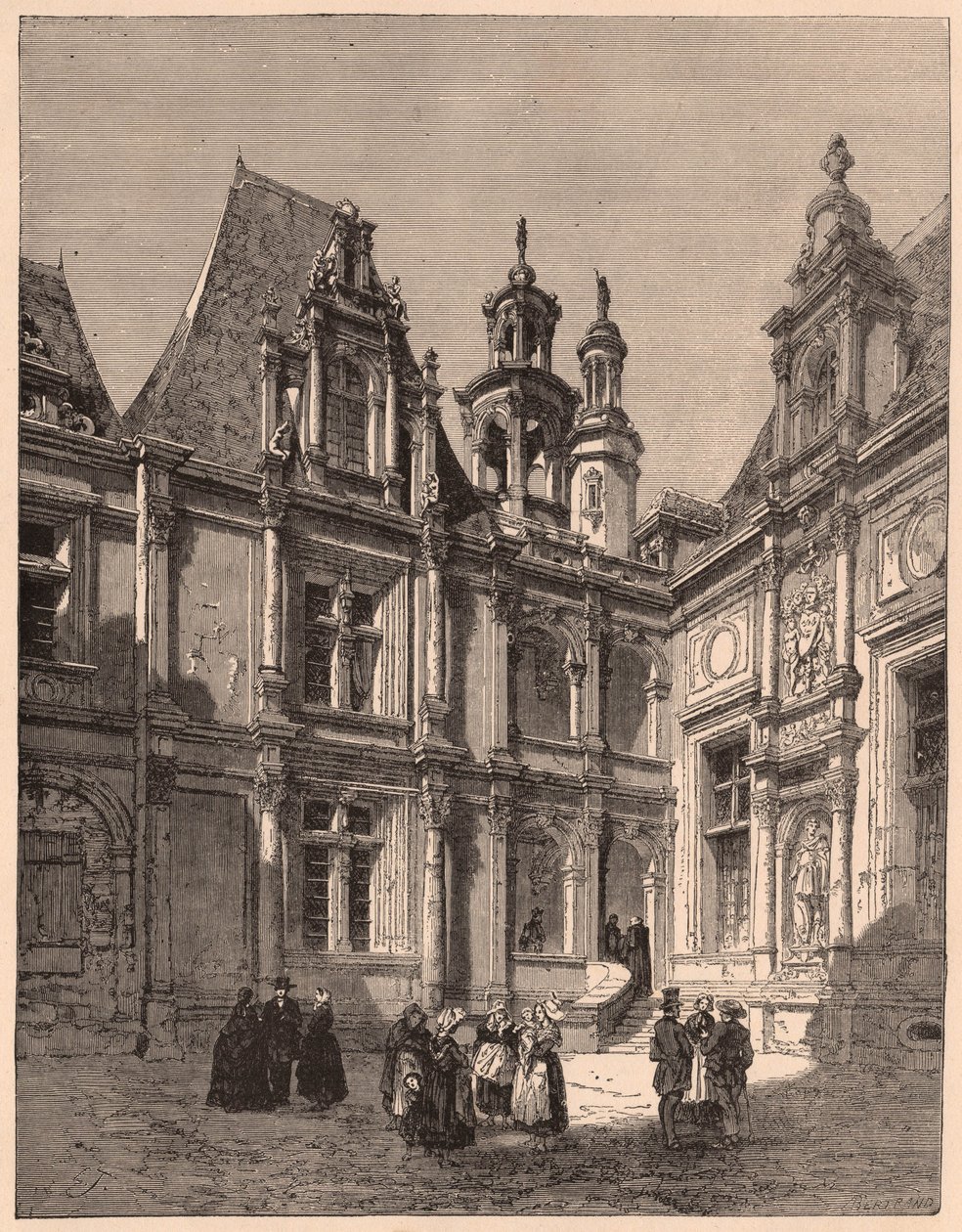 Pohled z interiéru nádvoří hotelu Escoville v Caen v roce 1860, Francie od Unknown