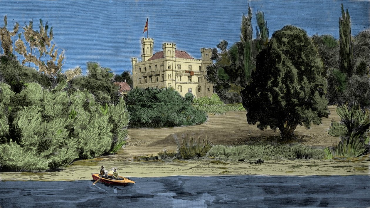 Pohled na hrad Berg a jezero Stamberg, kde bylo nalezeno tělo Ludvíka II z Baviere (Ludwig II von Bayern nebo Ludwig Otto Frederik Wilhelm von Wittelsbach (1845-1886)). od Unknown artist