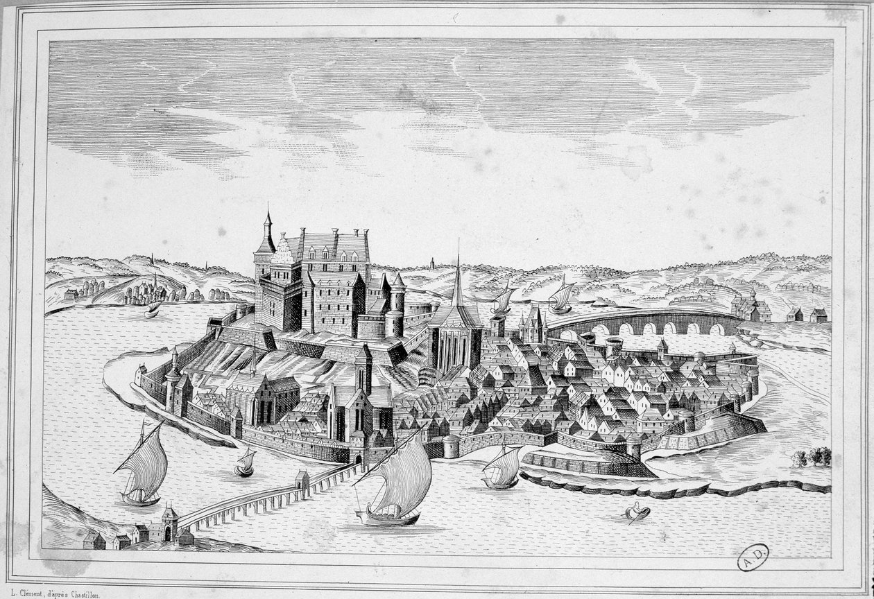 Pohled na Decize v roce 1640 - rytina od Unknown artist