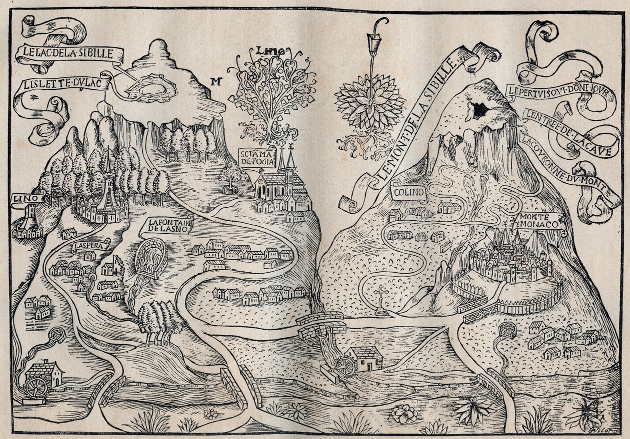 Pohled na horu Sibille (ráj královny Sybilly) (dvojitá mapa hory Pilát a Sibyla) - Antoine de La Sale (La Salle) Francouzský satirický spisovatel 15. století. od Unknown artist