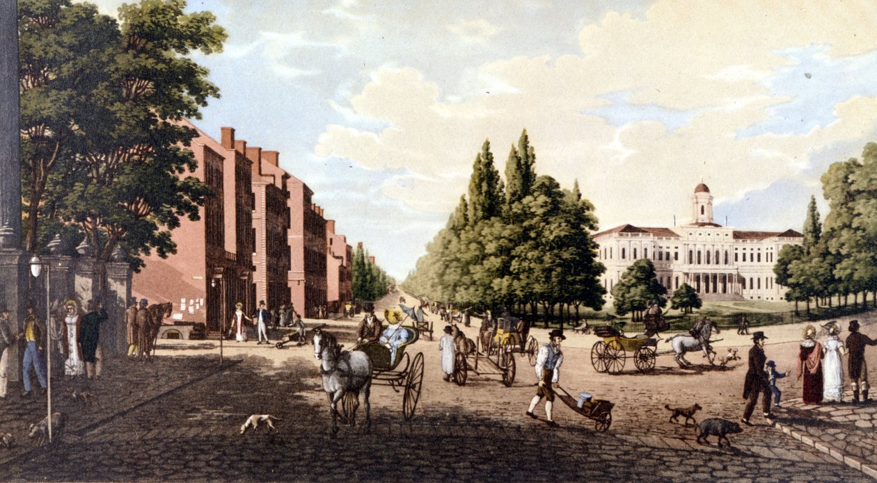 Pohled na New York: Broadway a radnice. SD litografie kolem poloviny 19. století. od Unknown artist