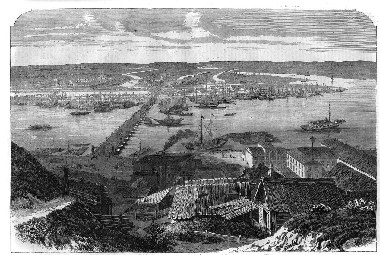 Pohled na Nižnij Novgorod (Nižní Novgorod), město Ruska. Gravírování v „“L