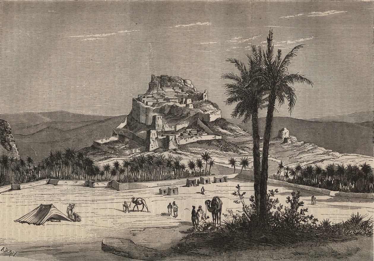 Pohled na Oued el Golea (El Menia nebo El Menea dříve El Golea) v Alžírsku na jihu provincie Oran na konci 19. století - rytina od Unknown artist