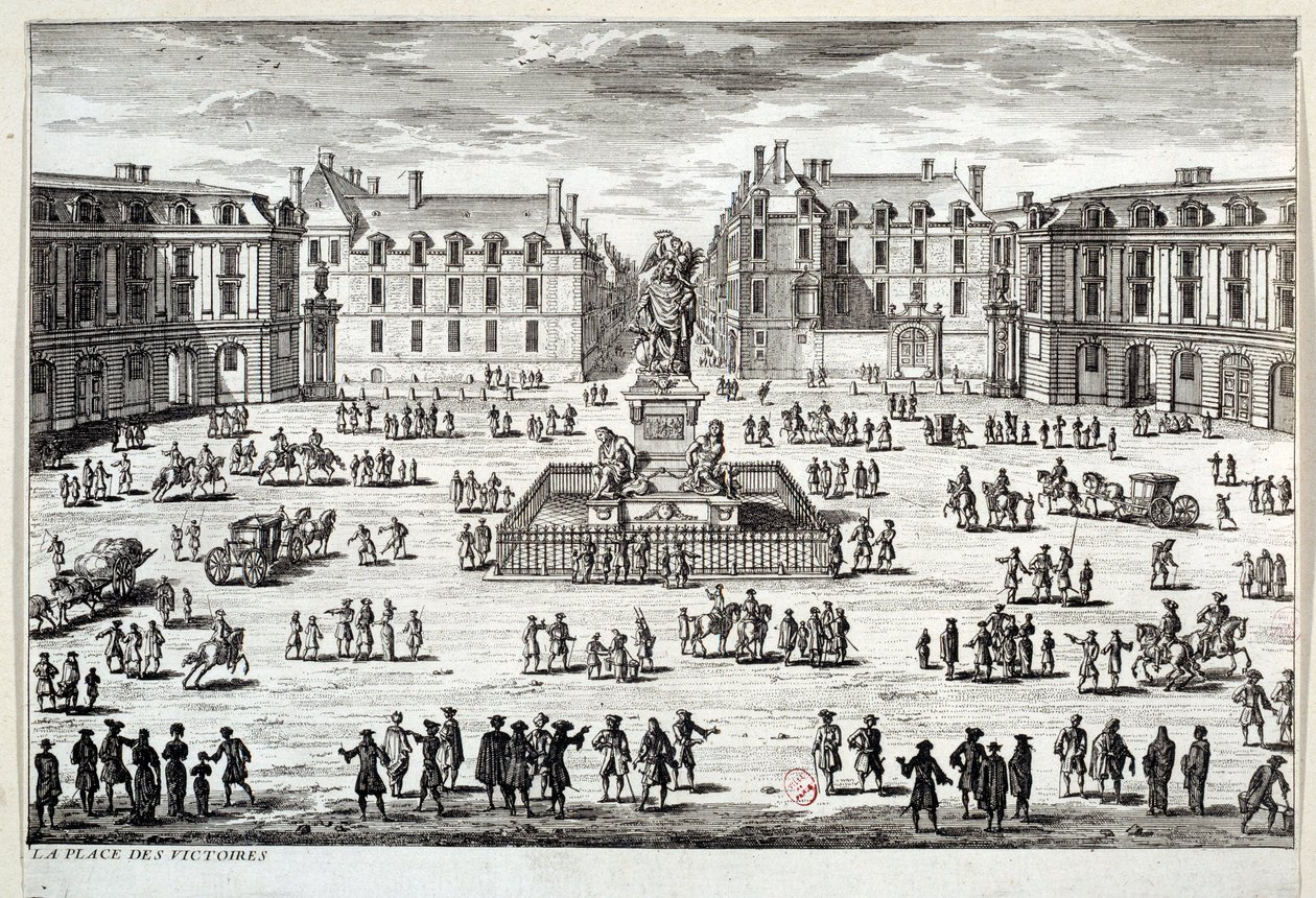 Pohled na Place des Victoires v Paříži se sochou Ludvíka XIV. zvednutou marechalem de la Feuillade v roce 1686. Rytina Paříže ze 17. století, Musee Carnavalet od Unknown artist